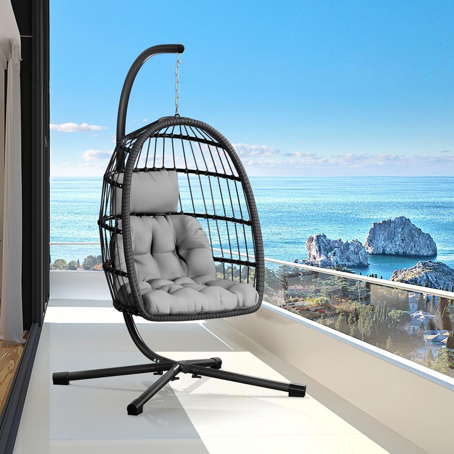 CHABATREE Egg Chair with Stand,Patio Rattan Wicker Hanging Swing Egg Chair Hammock Chair for Bedroom Porch Garden,Thickened Aluminum Alloy Steel Frame and UV Resistant Cushion,350LBS Capacity
