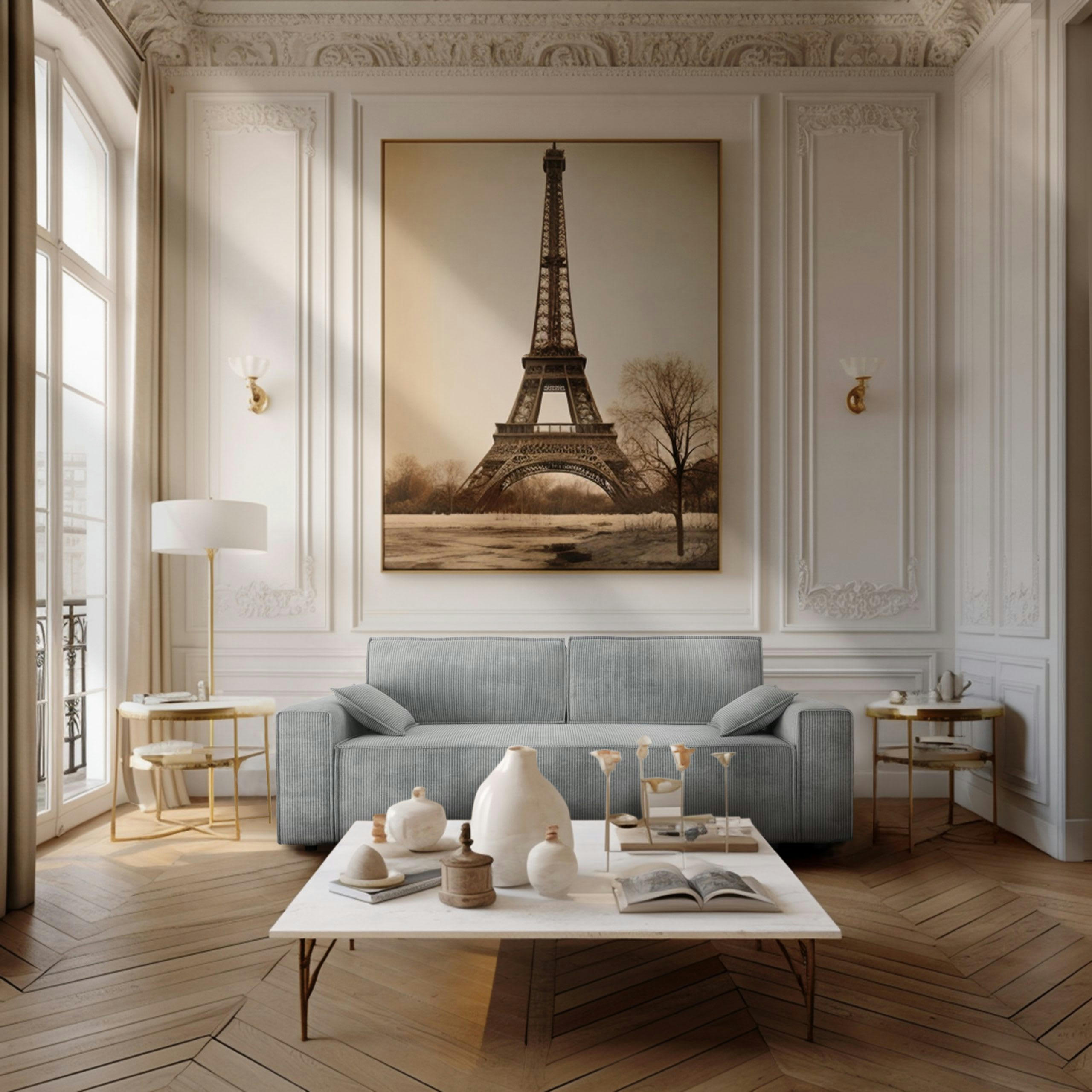 DURIF - Canapé droit convertible 3 places en velours côtelé gris