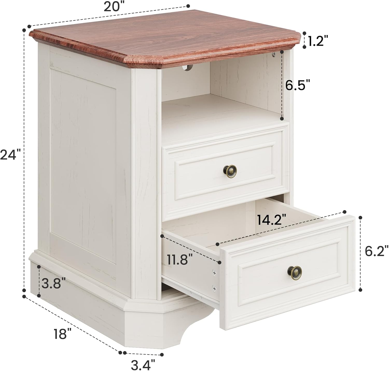 24 White Nightstand with Charging Station, Set of 2 Modern Farmhouse Bedside Table with 2 Drawers and Open Shelf, Traditional Wood End Table with Outlets and USB Ports