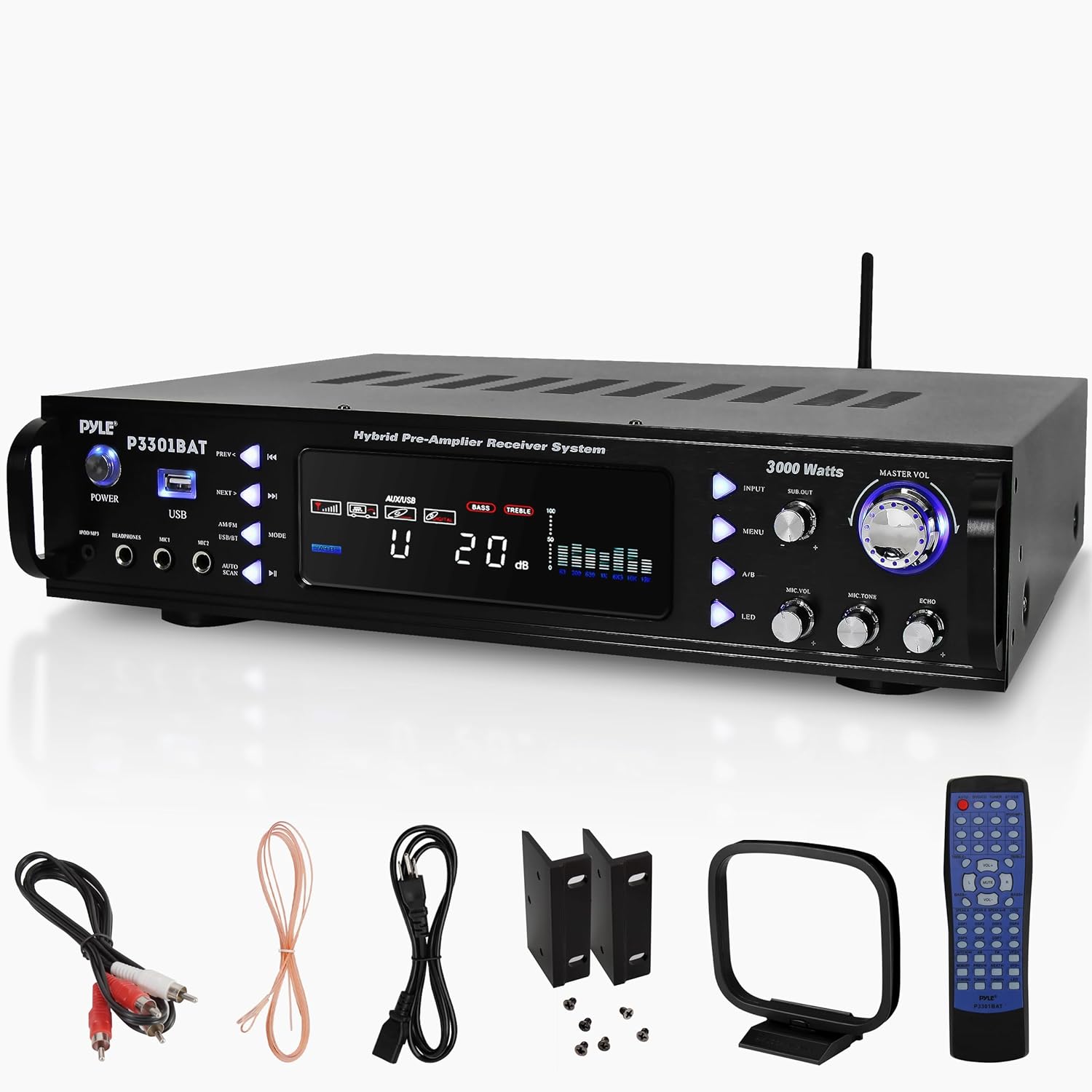 Pyle Bluetooth Home Stereo Amplifier - Hybrid Multi-Channel 3000 Watt Power Amplifier Home Audio Receiver System w/ AM/FM Radio, MP3/USB,AUX,RCA Karaoke Mic in - Rack Mount, Remote - P3301BAT