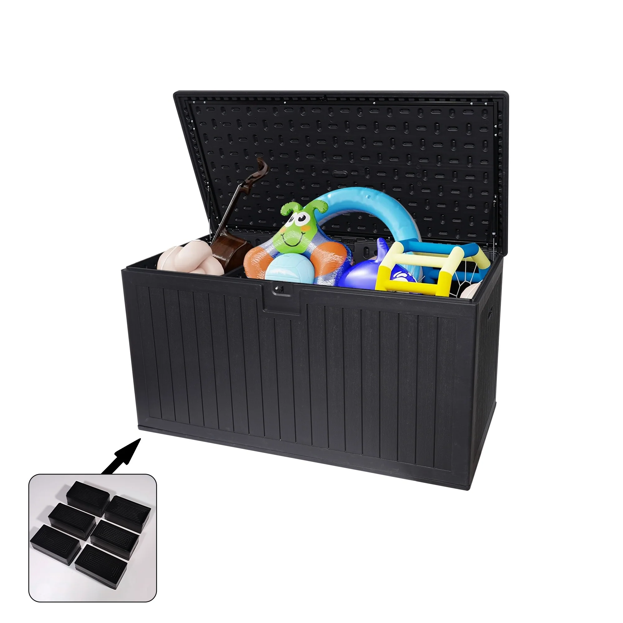 Black Heavy Duty Resin Storage Deck Box with Hydraulic Lid and Feet for Patio Poolside and Home Garage