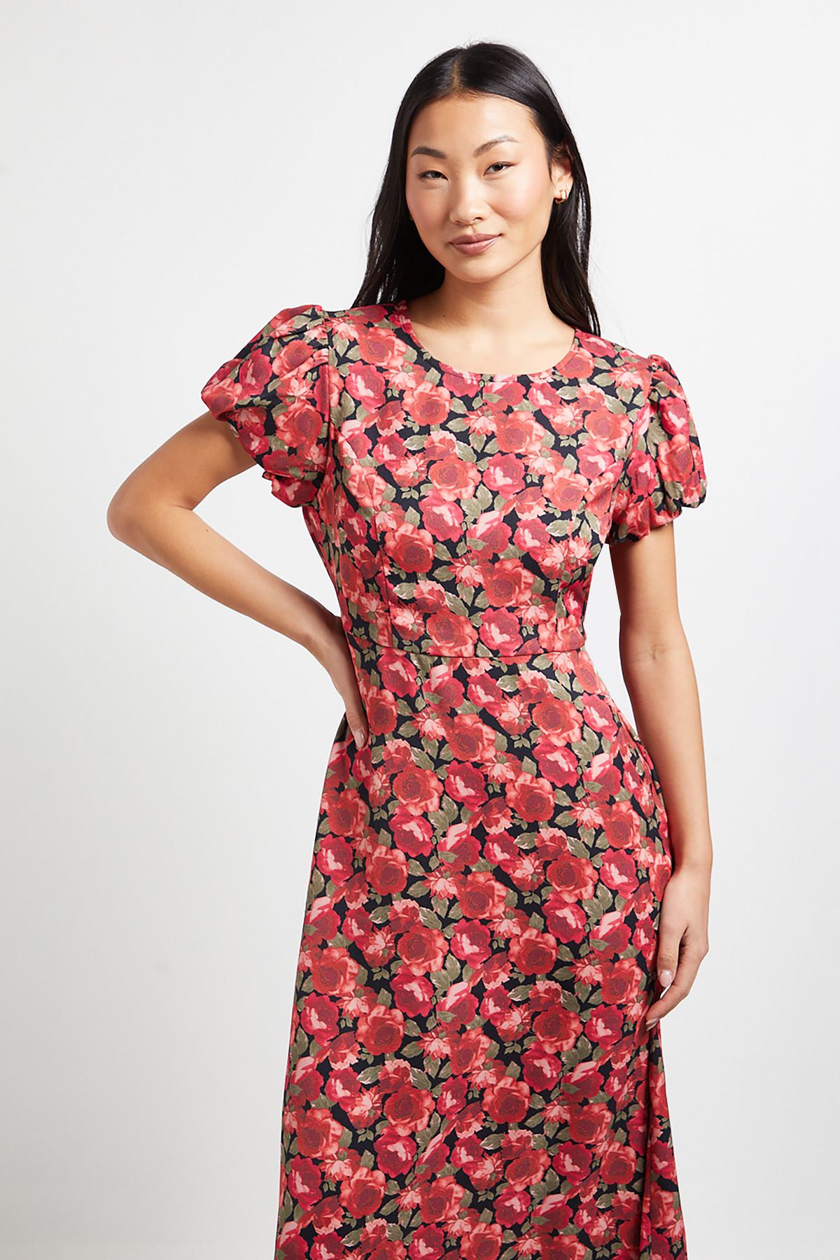 Dorothy Perkins Petite Red Floral Tie Back Detail Puff Sleeve Midi Dress
