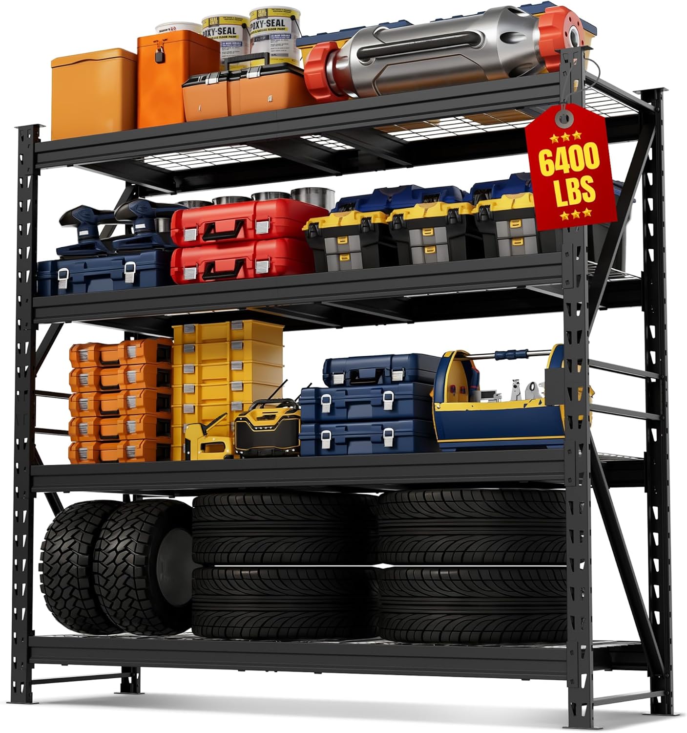 WORKPRO 77 Extra-Width Garage Shelving Units, 6400LBS Heavy Duty Utility Shelves, 4 Tier Industrial Adjustable Metal Storage Rack for Warehouse Shop Basement Organizers, 77”W x 24”D x 72”H