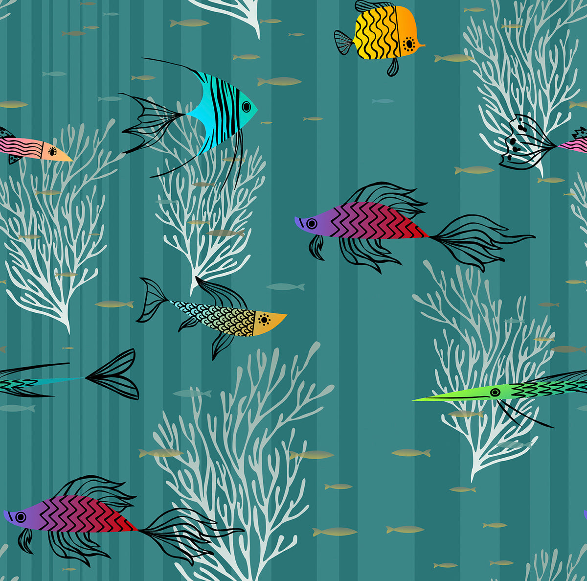Walls4You behang vissen zeegroen en meerkleurig - 53 cm x 10 m - 640134