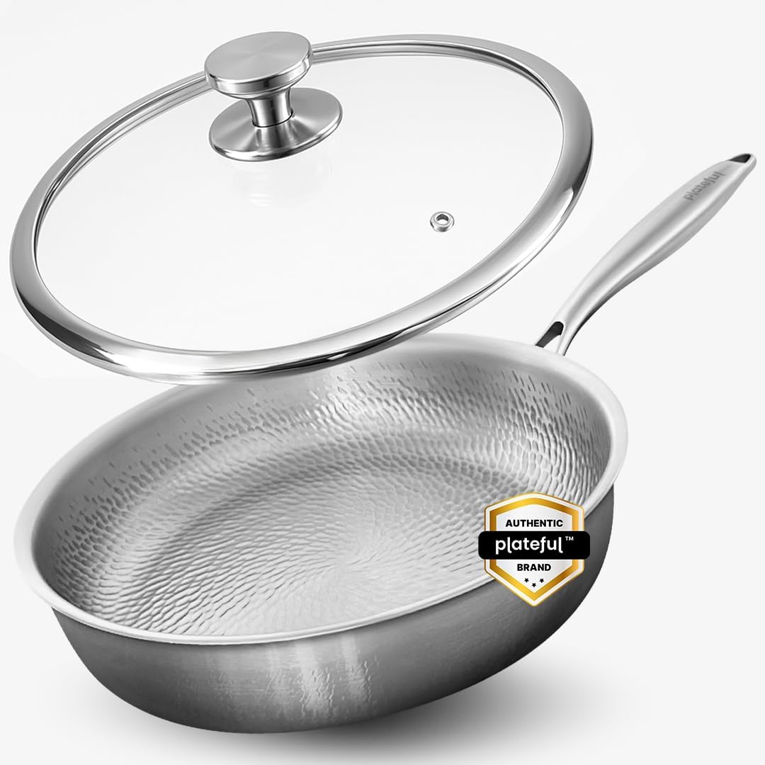 Plateful Titanium Pan For Cooking 12 - Pure, No Coating Non-Stick Titanium Cookware, Frying Pans, Hammered Pan, Safe For Oven, Induction & Cooktops Up To 750°F, Includes Lid
