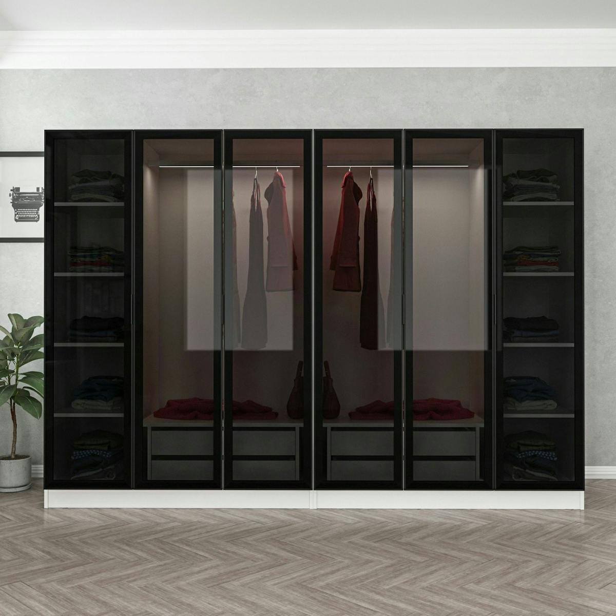 Dressing design 6 portes en verre noir & cadre blanc BYRON