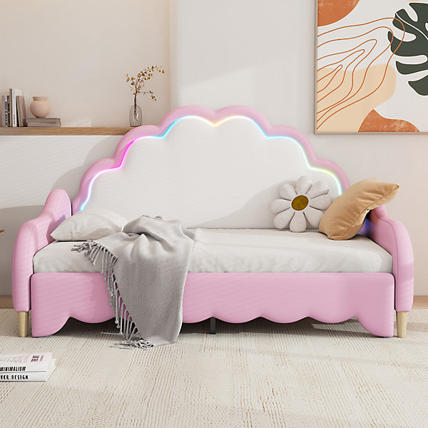 Lit gigogne 140x200cm, canapé lit transformable, tête de lit avec lumière courante, sans matelas, rose