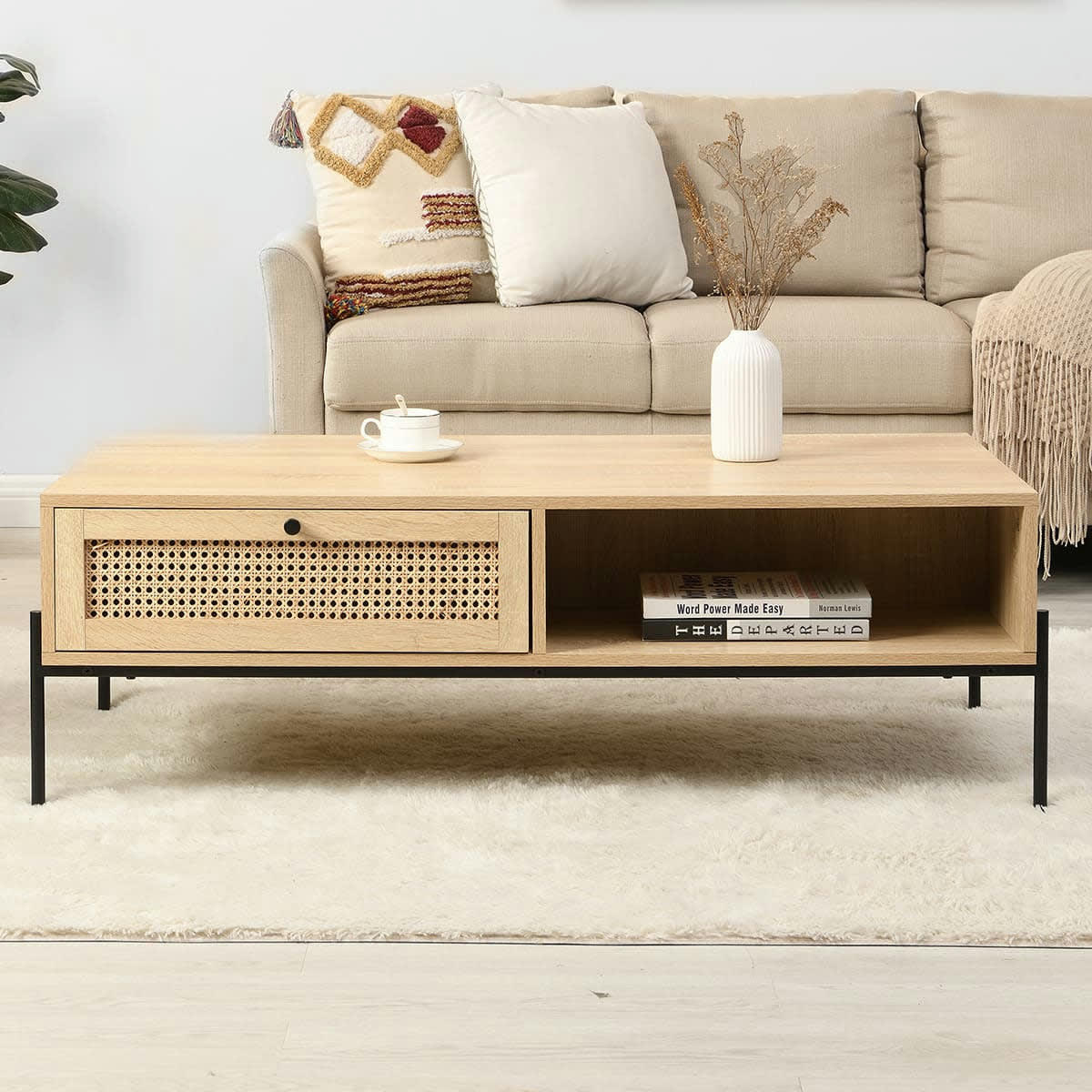 IRIS - Table basse 1 tiroir en cannage naturel et effet chêne 115 cm