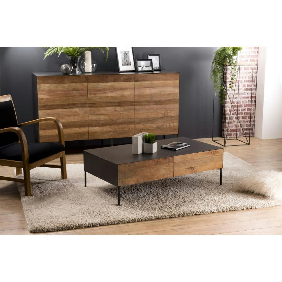 MADISON - Table basse 2 tiroirs teck recyclé pieds métal gris anthracite L111