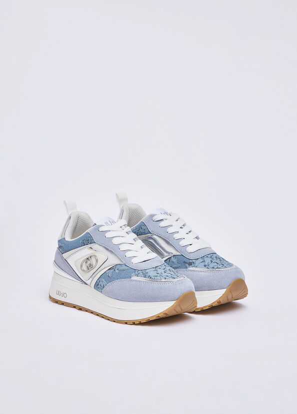 Sneakers platform in denim stampato