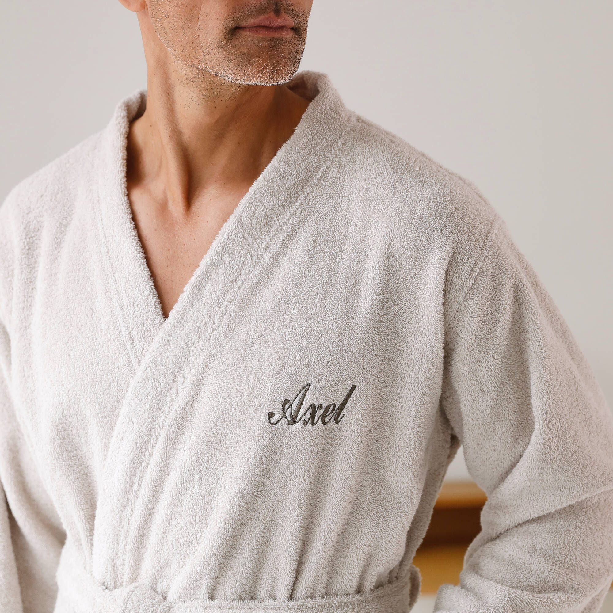 Peignoir mixte adulte uni coton éponge bouclette col kimono personnalisable