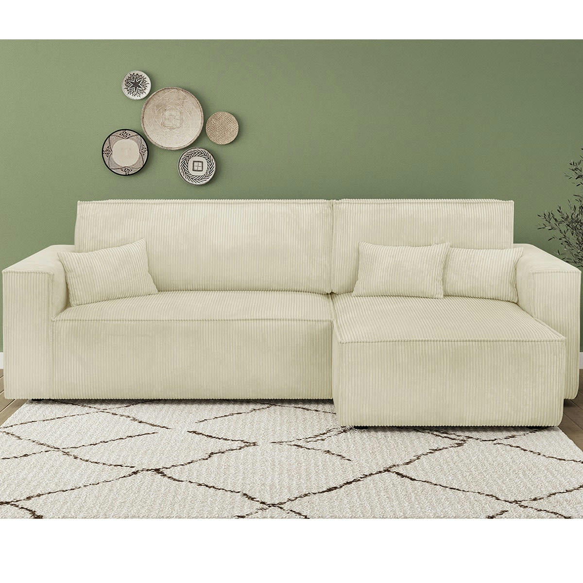 LIVIA - Canapé d'angle convertible 4 places avec coffre, velours côtelé beige