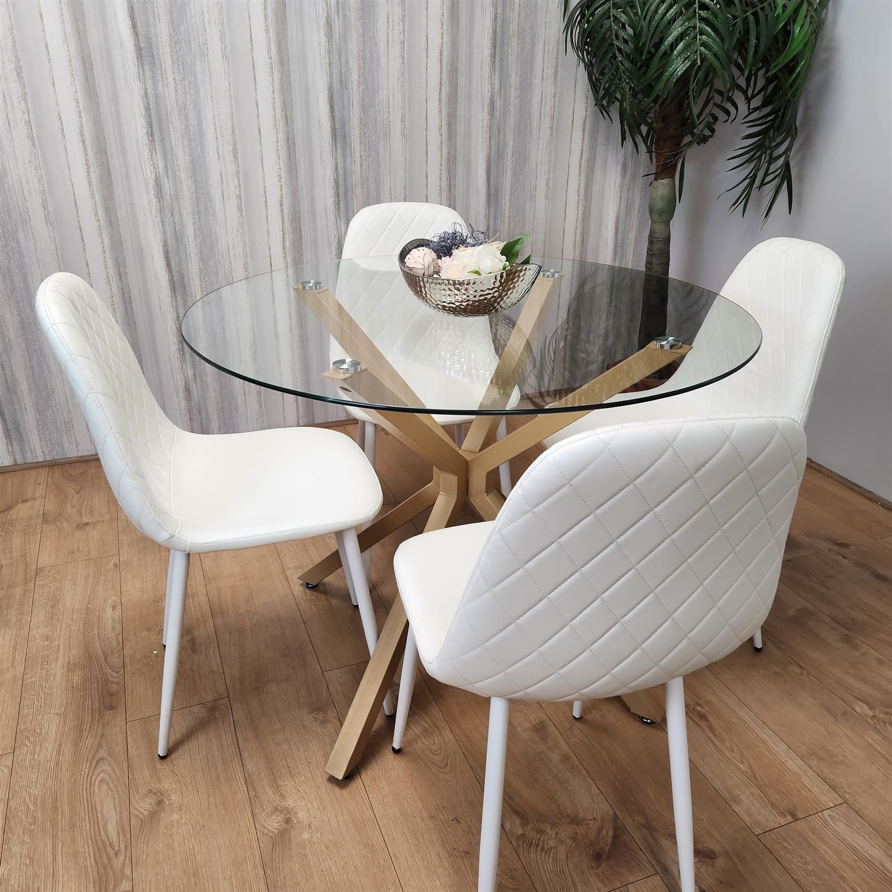 KOSY KOALA Kosy Koala Round Glass Dining Table Set With 4 White Gem Pattern Chairs Dining Room Furniture