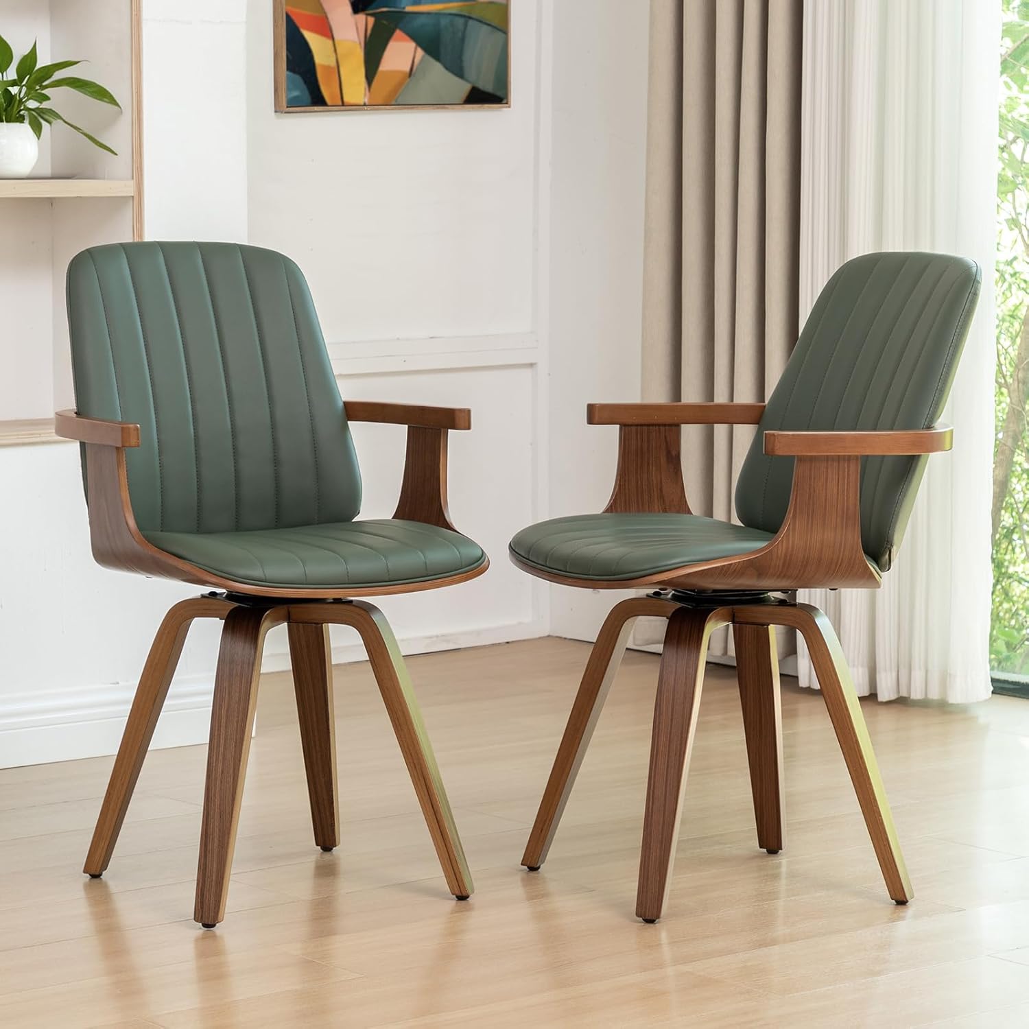 WUPOTO MCM Dining Chairs, Set of 6 Mid Century Modern Chairs with Walnut Craftsmanship, Upholstered Faux Leather, Wooden Arms and Legs, Faux Leather Dining Chairs for Kitchen/Living Room - Green