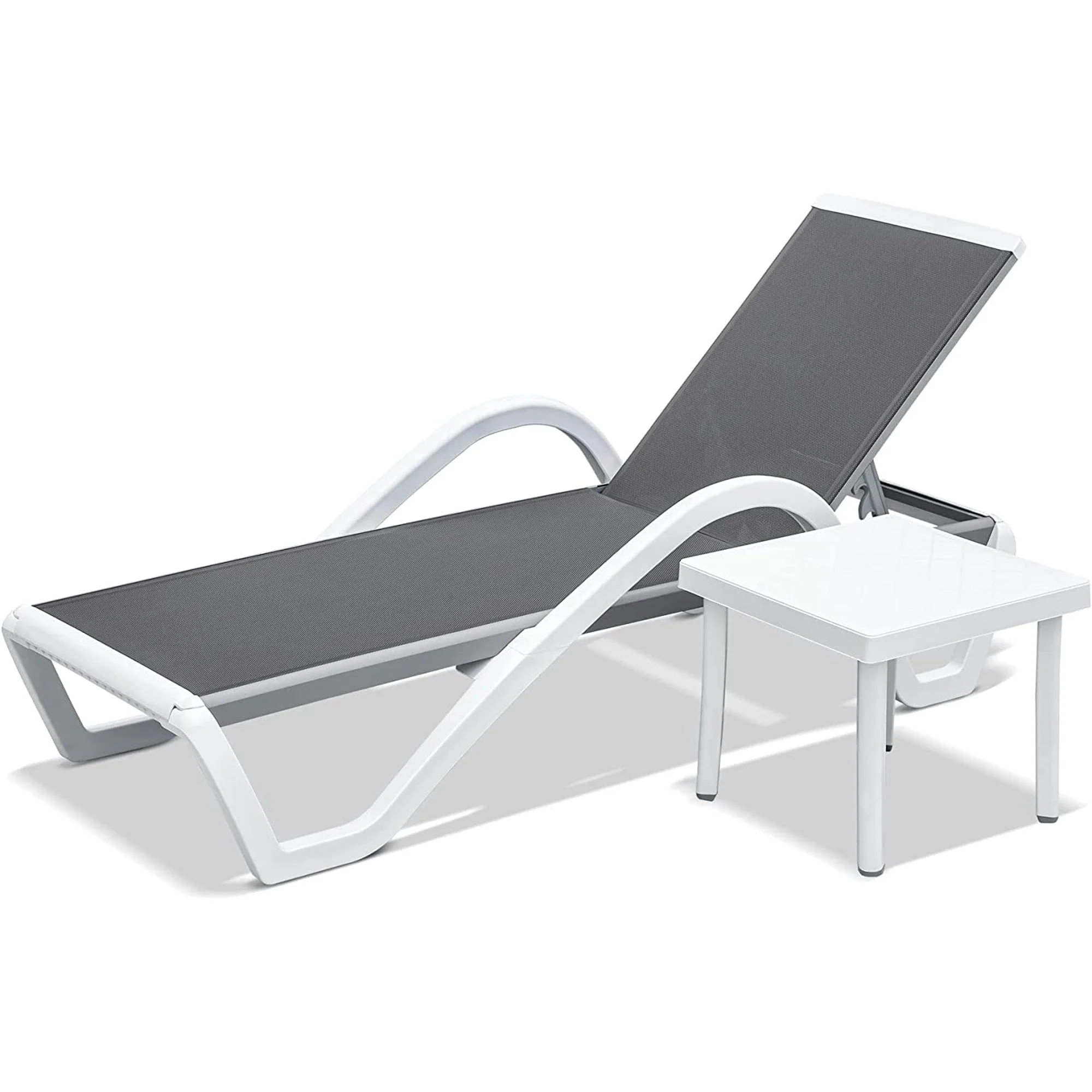 All Weather Outdoor Adjustable Chaise Lounge Set with Wheels and Side Table for Lawn Poolside Beach