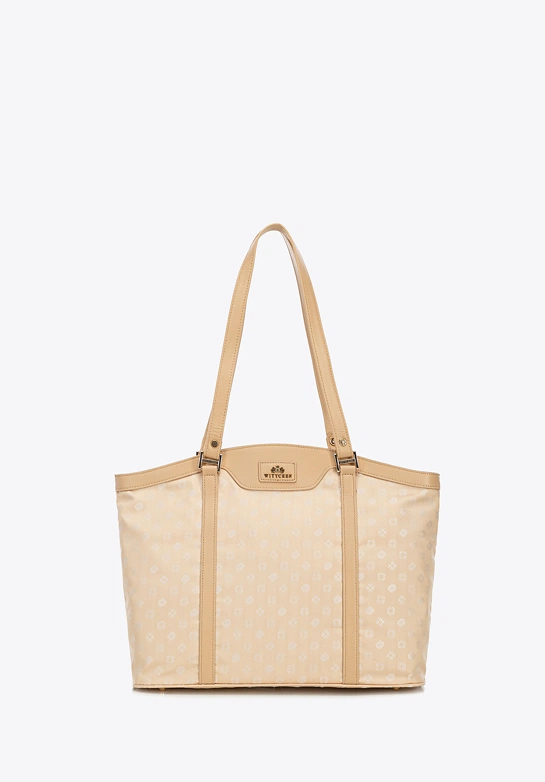 Torebka shopperka z żakardu i skóry w monogramy kremowa