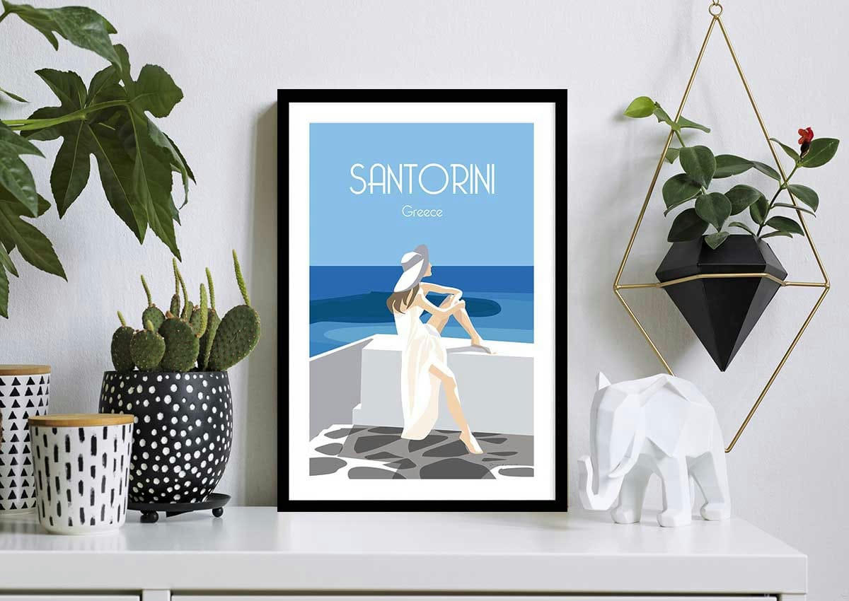 - Affiche voyage le bleu de Santorin avec cadre noir 20x30cm