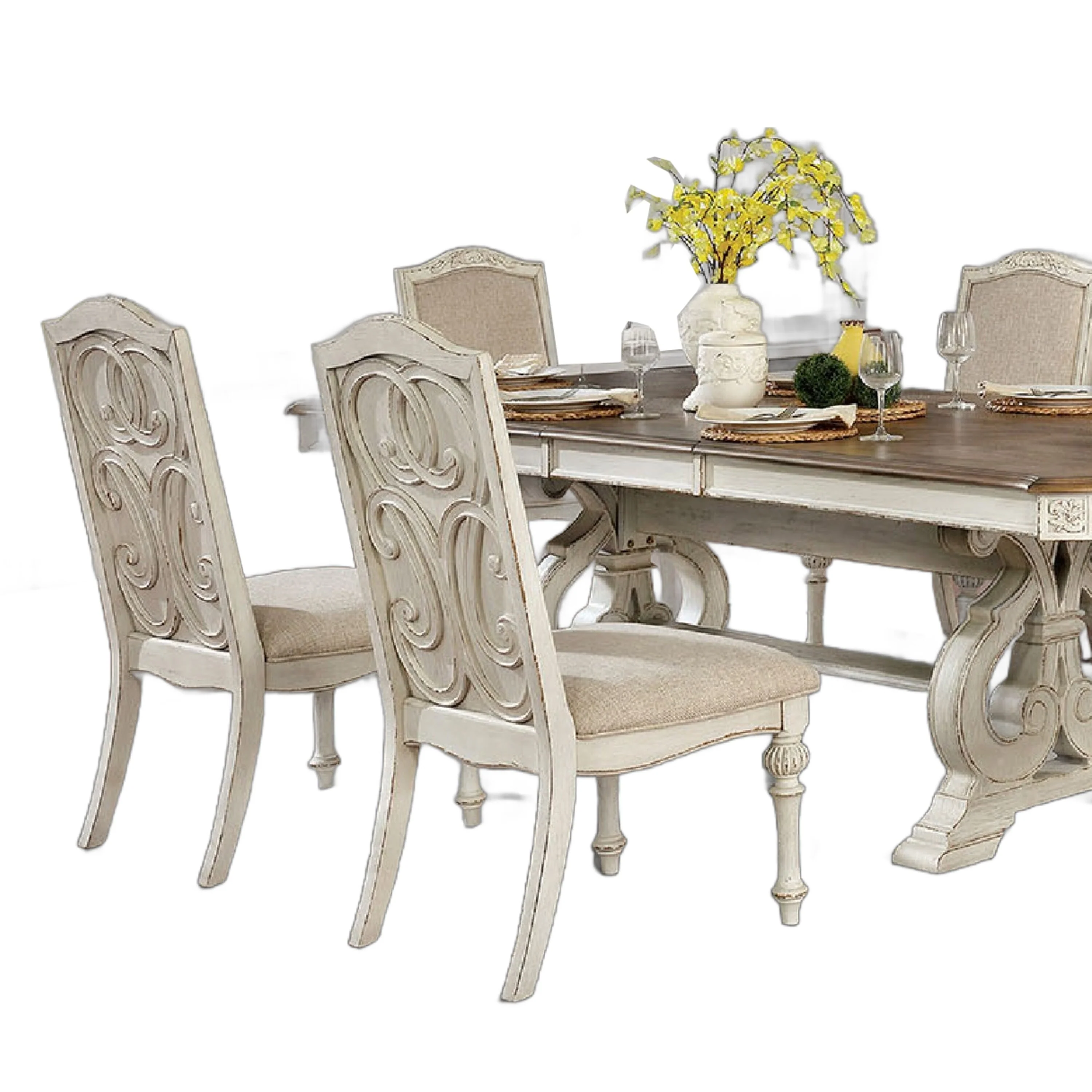 Arca 7pc Dining Table Set with Fabric Chairs, Antique White Solid Wood