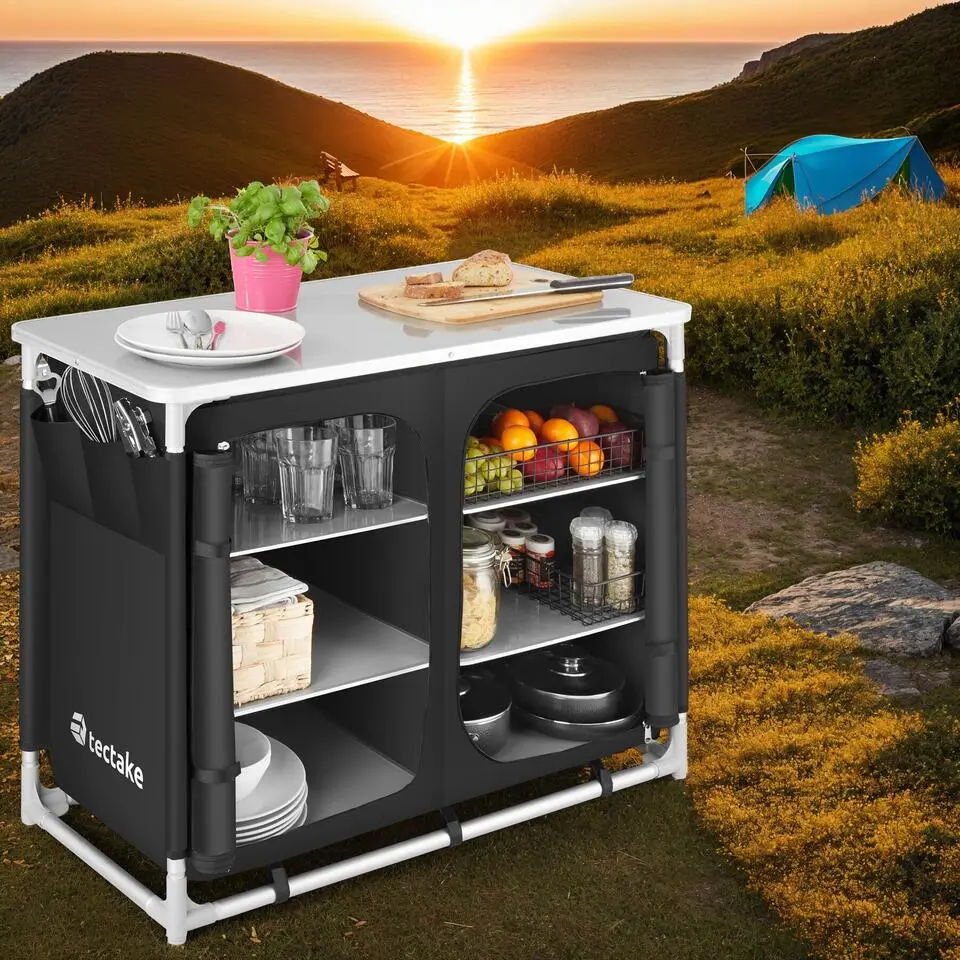 tectake - Campingkeuken 97x47,5x78cm, Zwart