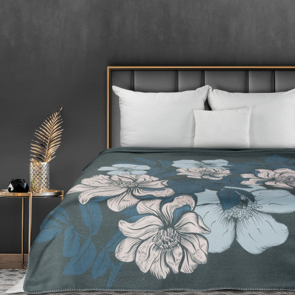 Koc 150x200 cm Emma Premium granatowy design z nadrukiem kwiatowym