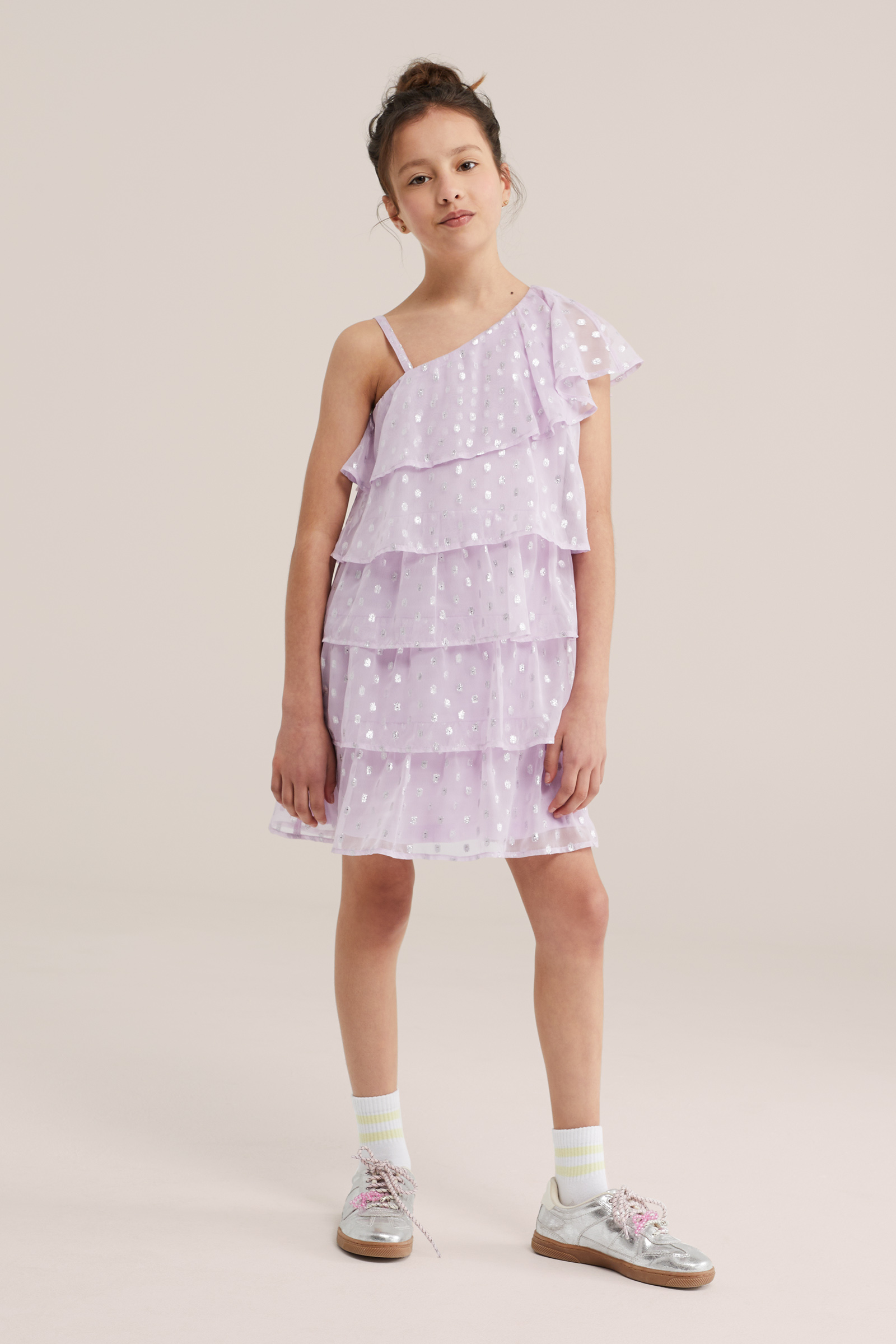 Meisjes one-shoulder jurk met glittergaren