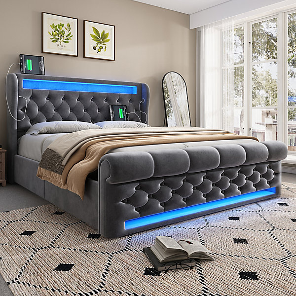 Lit double rembourré avec éclairage LED,ports USB et Type-C,lit coffre hydraulique,cadre de lit 160x200cm,velours,gris