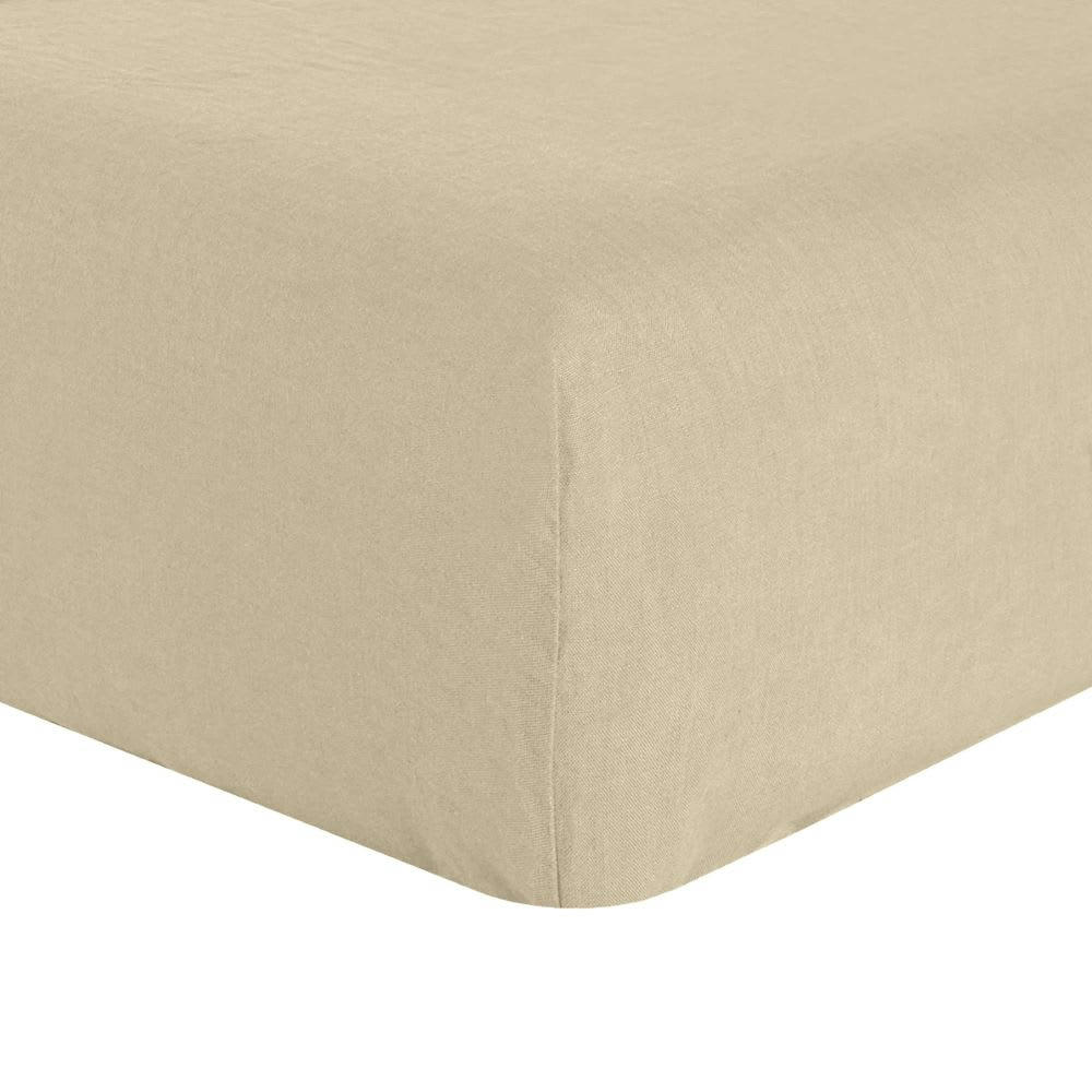 - Drap housse 2 personnes en lin français - lin lavé beige 180x200 cm