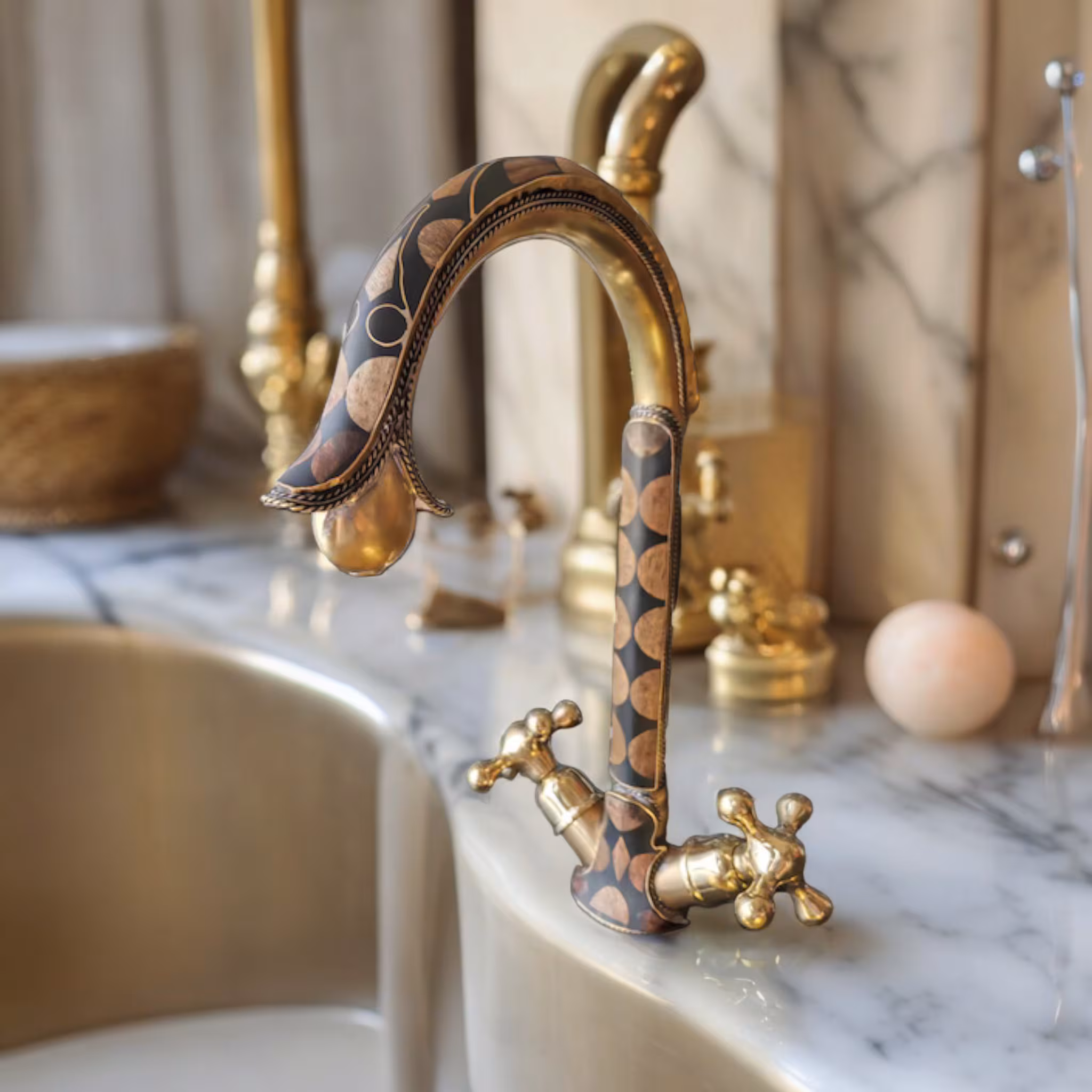 Unlacquered Brass Bathroom Faucet Adorned With Resin And Moroccan Walnut Wood