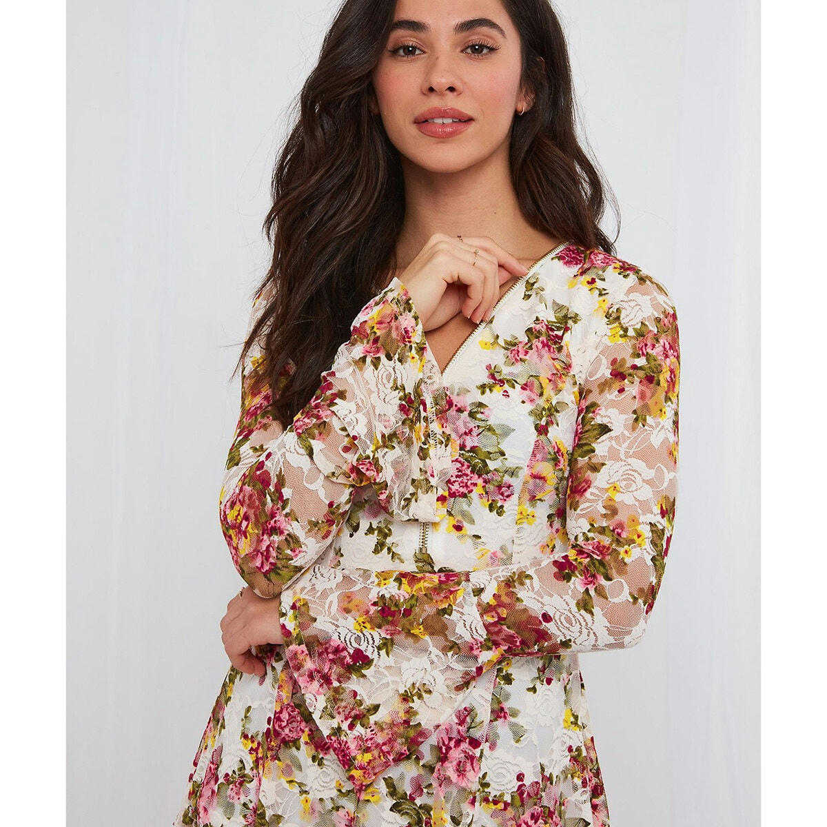 Blouse col v, manches longues imprimé fleuri