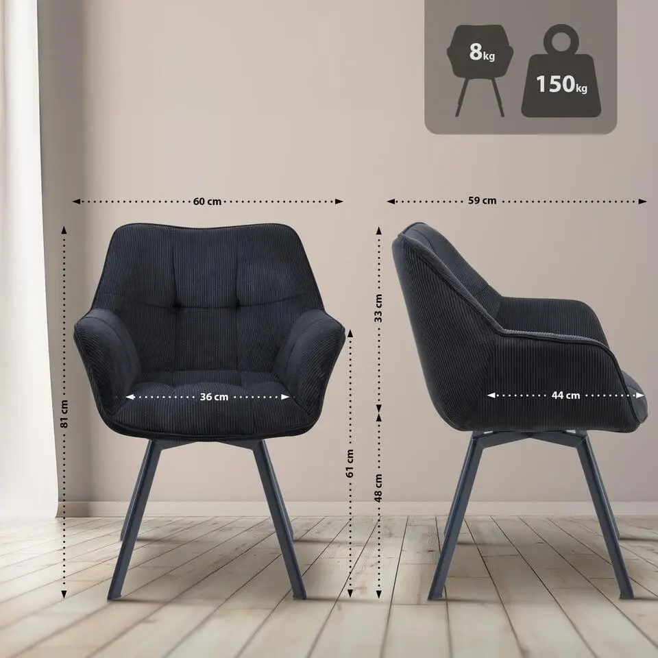 CLP Set van 2 Eetkamerstoel Jordi zwart Frame - Ribstof - zwart