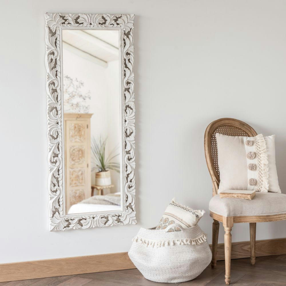 LOMBOK - Miroir rectangulaire en bois de manguier sculpté blanc 54x130