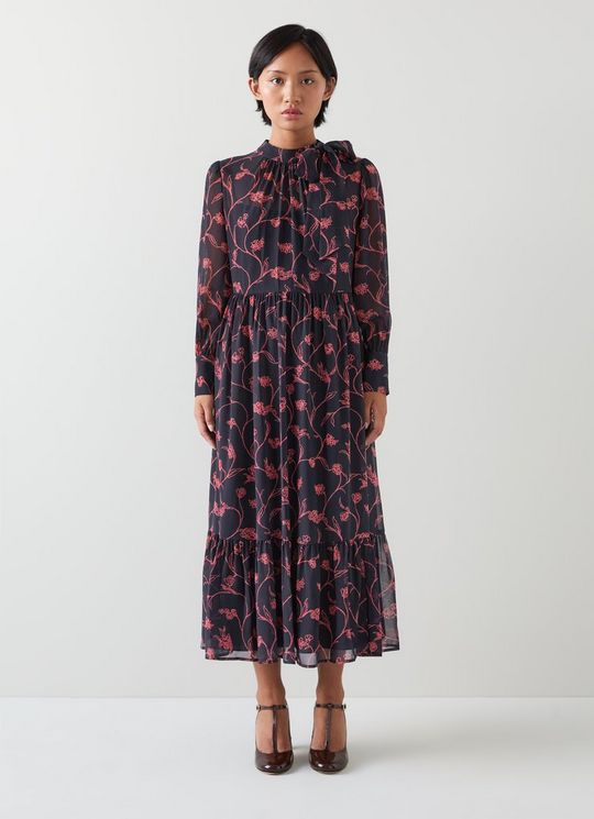 Selina Petite Spring Navy & Bright Pink Print Dress