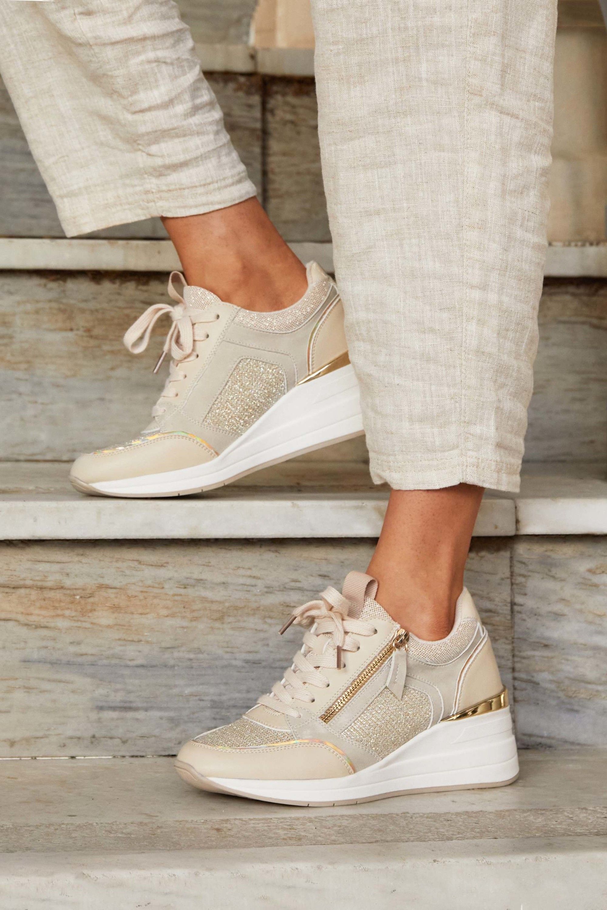 Linzi Everett Gold & Nude Wedged Trainers
