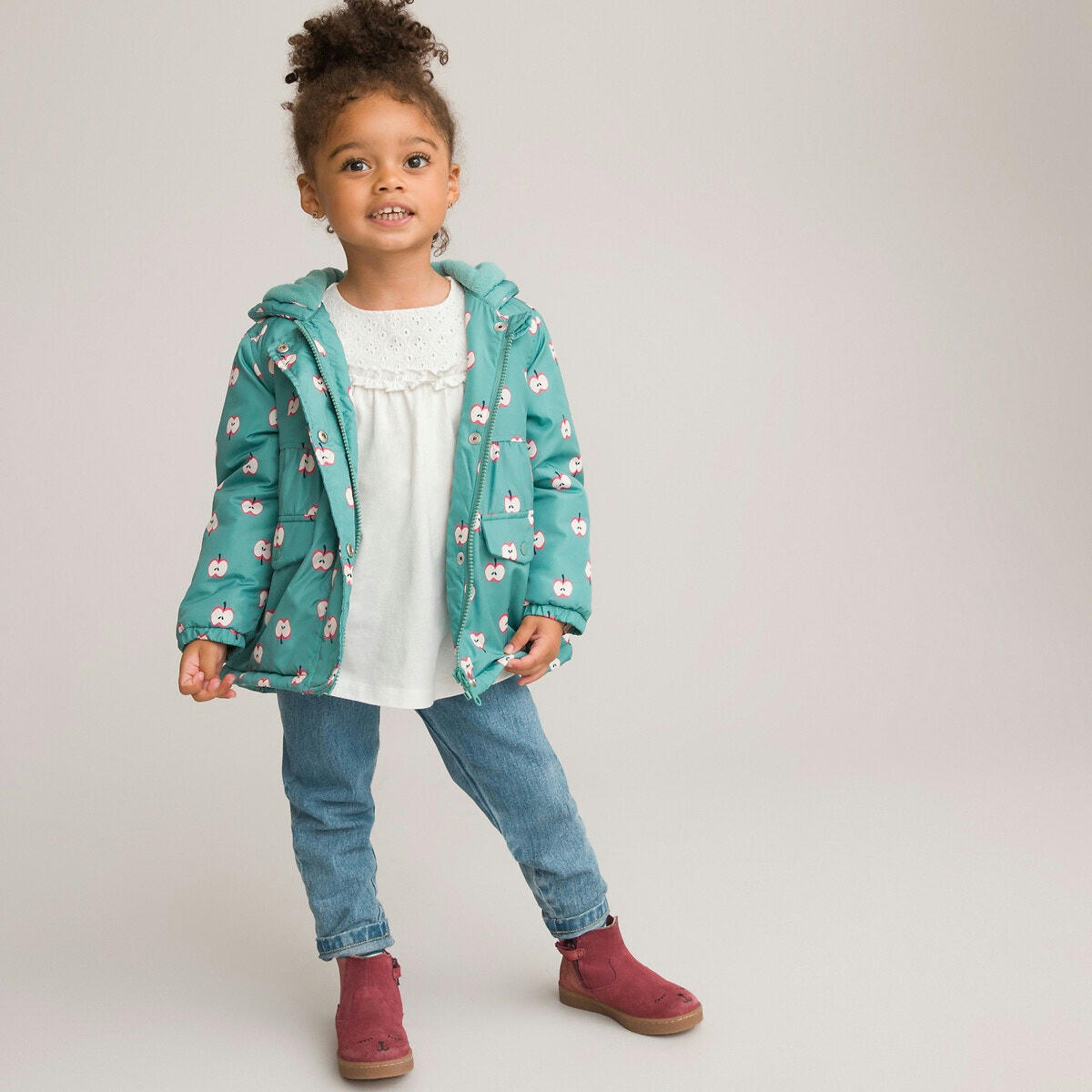 Parka à capuche imprimée pommes, doublée polaire
