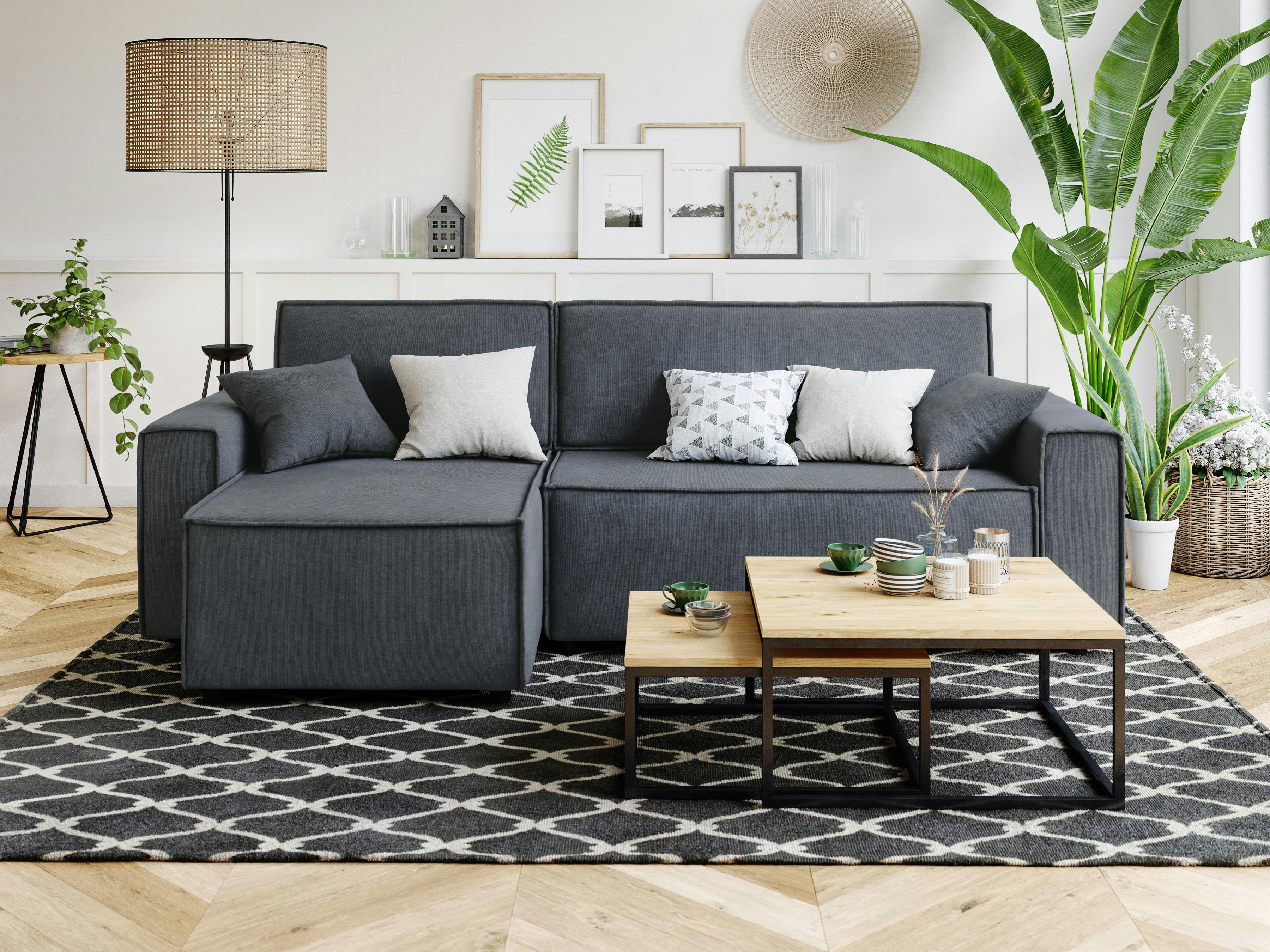 MIRA - Canapé d'angle convertible en velours 4 places gris souris