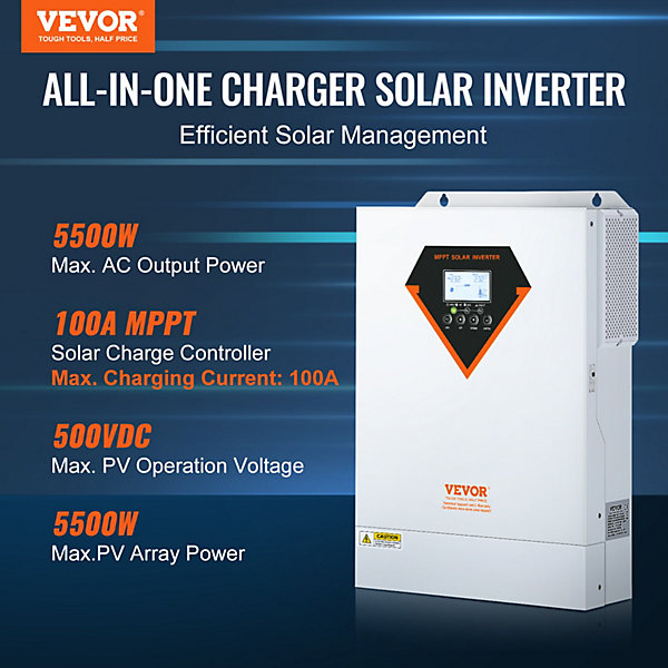 Onduleur hybride 5500W, 230V, contrôleur solaire MPPT 100A intégré, charge hybride hors réseau.