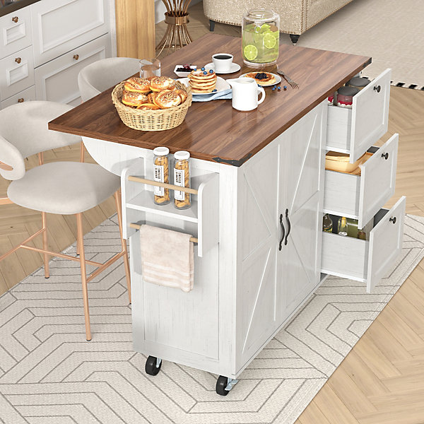 Îlot de Cuisine Extensible avec Plan de Travail Coulissant - 2 Portes et 3 Tiroirs en MDF et Métal, 140x73x92,5 cm, Blanc