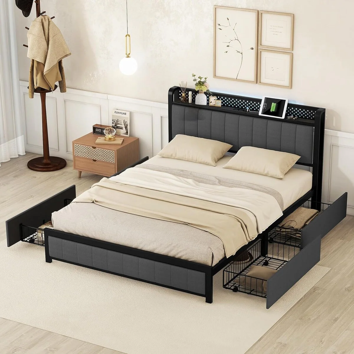 Queen Bed Frame with LED Headboard, Upholstered Bed with 4 Storage Drawers and USB Ports
