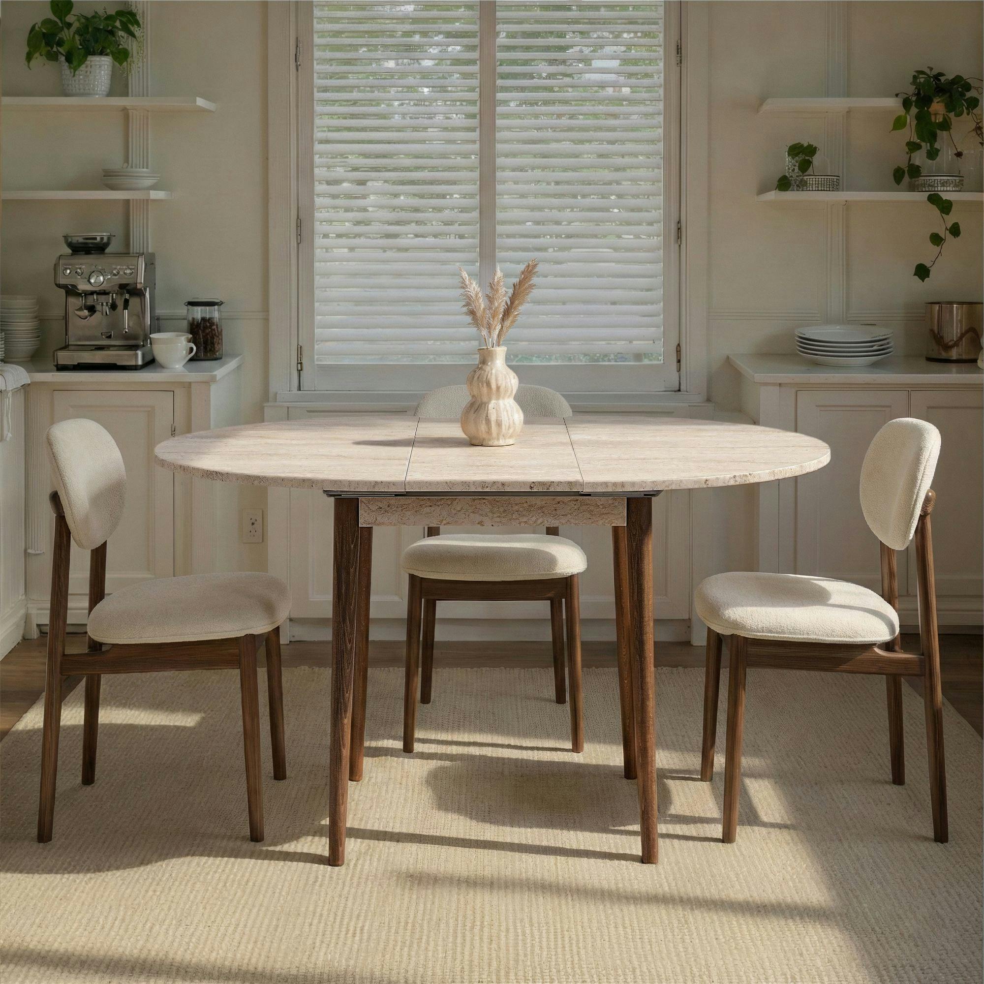 Table ronde extensible effet travertin et noyer 100-131 cm MARFA