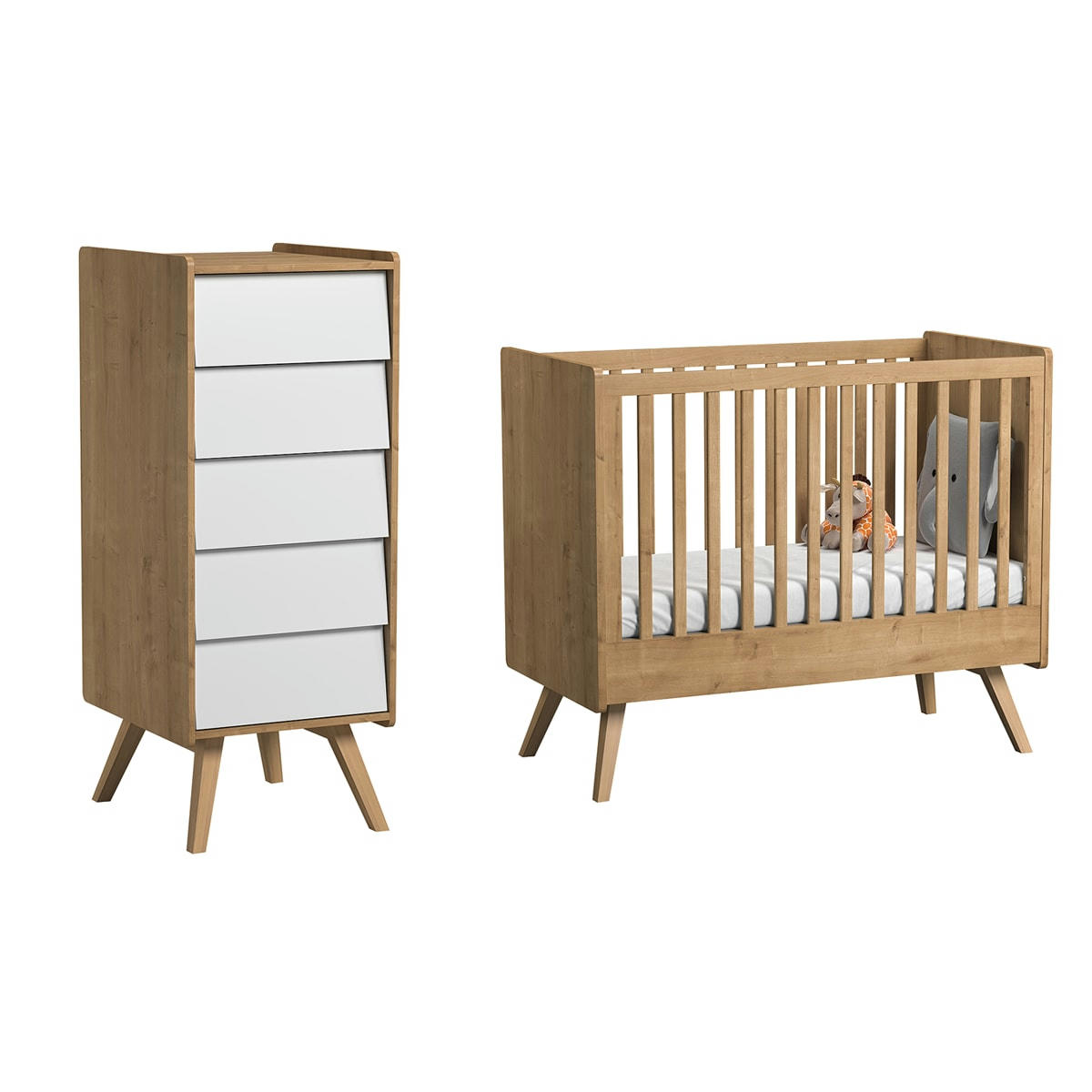 DUO - VINTAGE - Lit bébé 60x120 chiffonnier naturel blanc