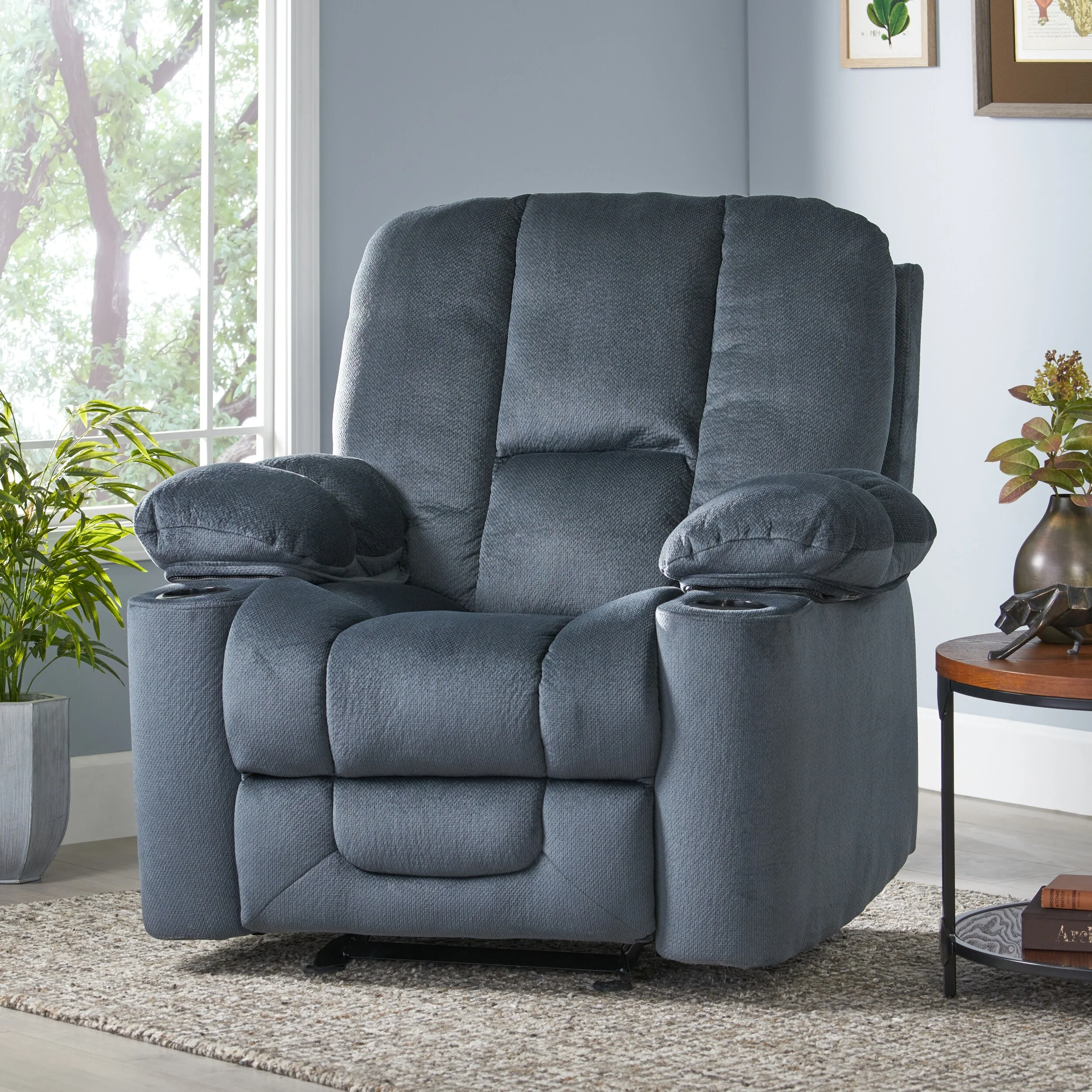 Brown Manual Recliner with Plush Fabric & Dual Cup Holders