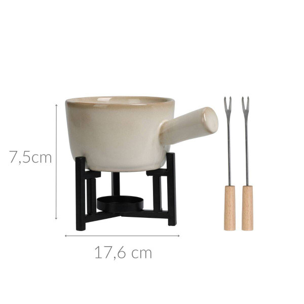Zestaw do fondue serowego, rondelek z porcelany, 2 widelce