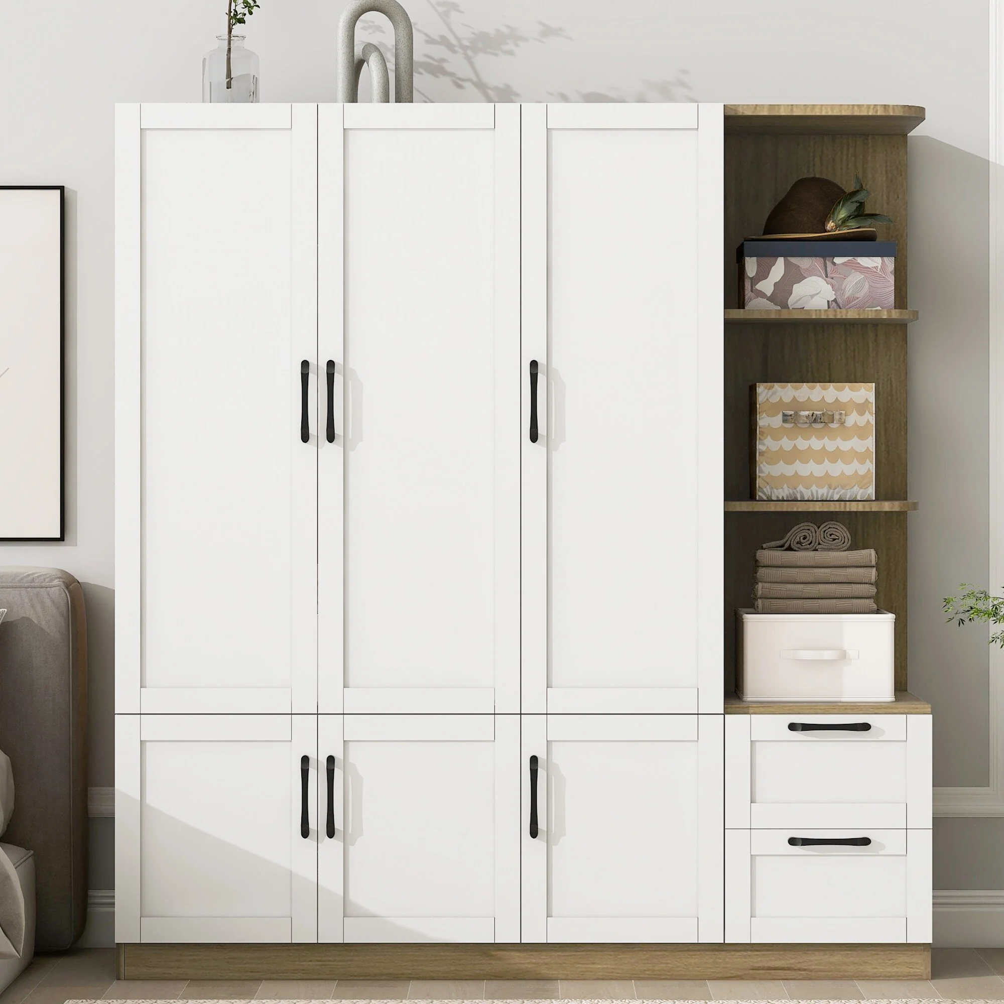 3 Doors Armoire Wardrobe Closet with 3 Side Shelves 2 Drawers, Wooden Bedroom Armoires with Hanging Rod for Bedroom