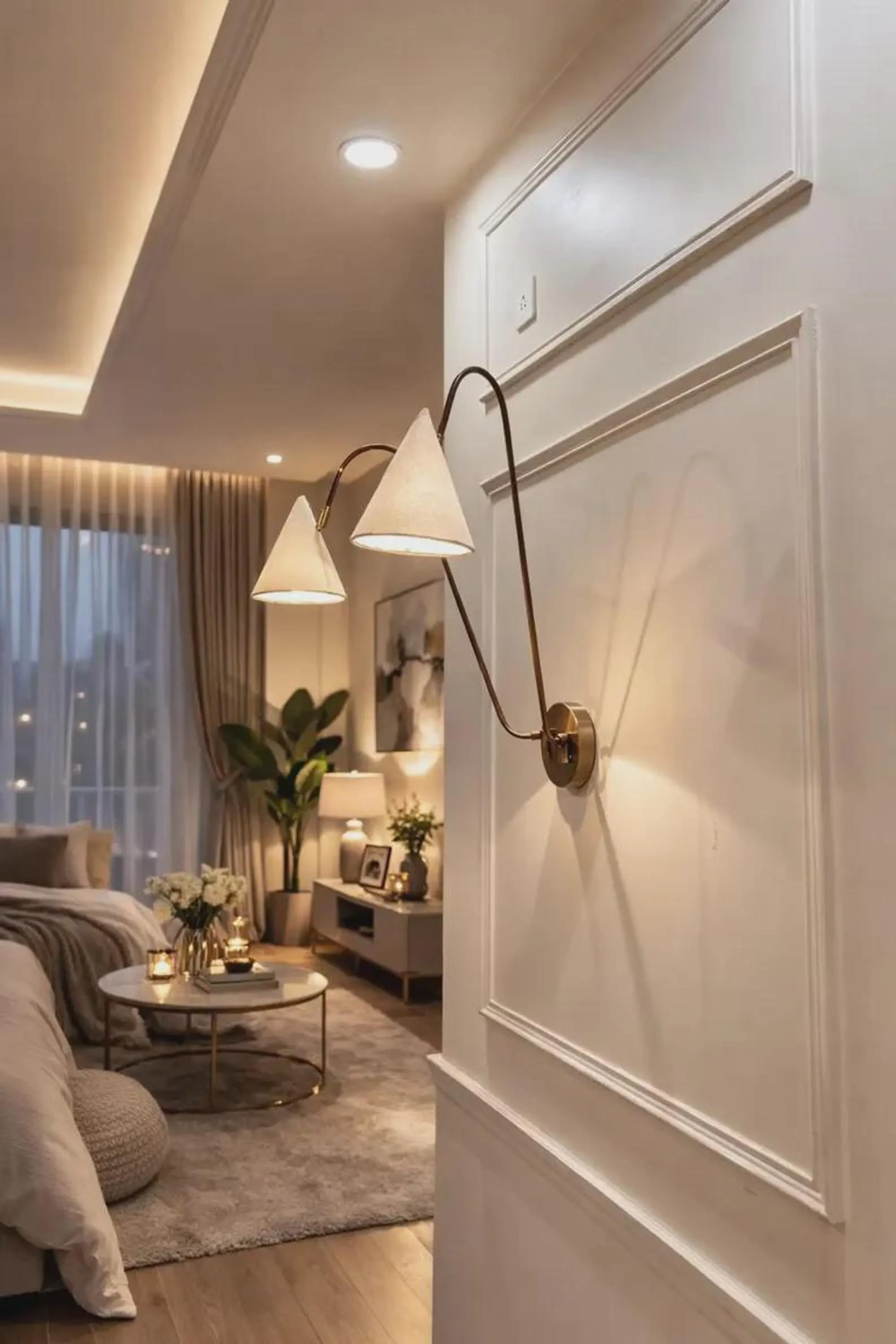 Adjustable Double Brass Wall Sconce, Linen Shade, Gold Hardware