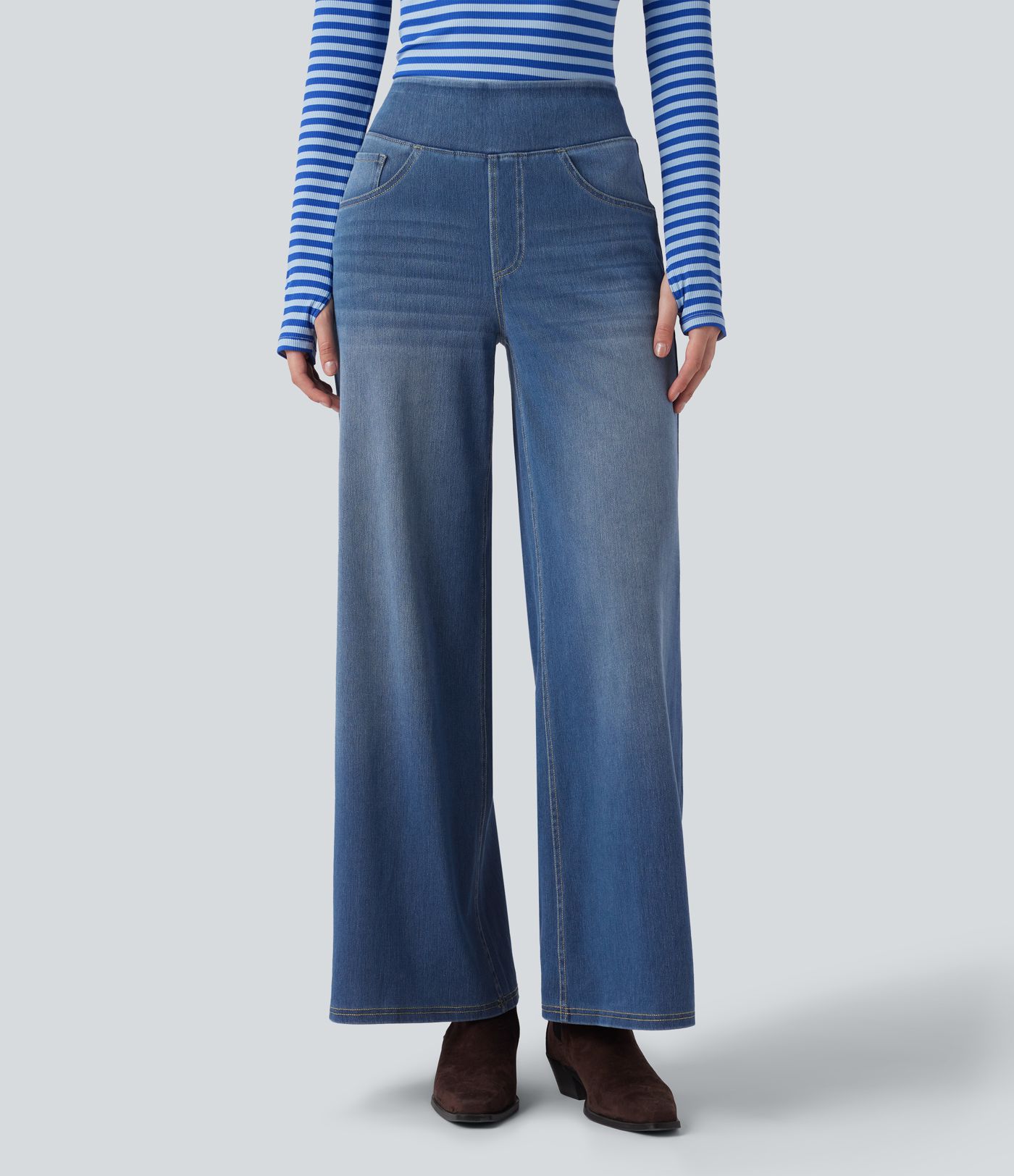 Jean décontracté Halara Flex™ large taille haute effet délavé avec poches