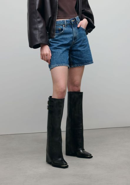 Zwarte hoge leren buckle laarzen met flap