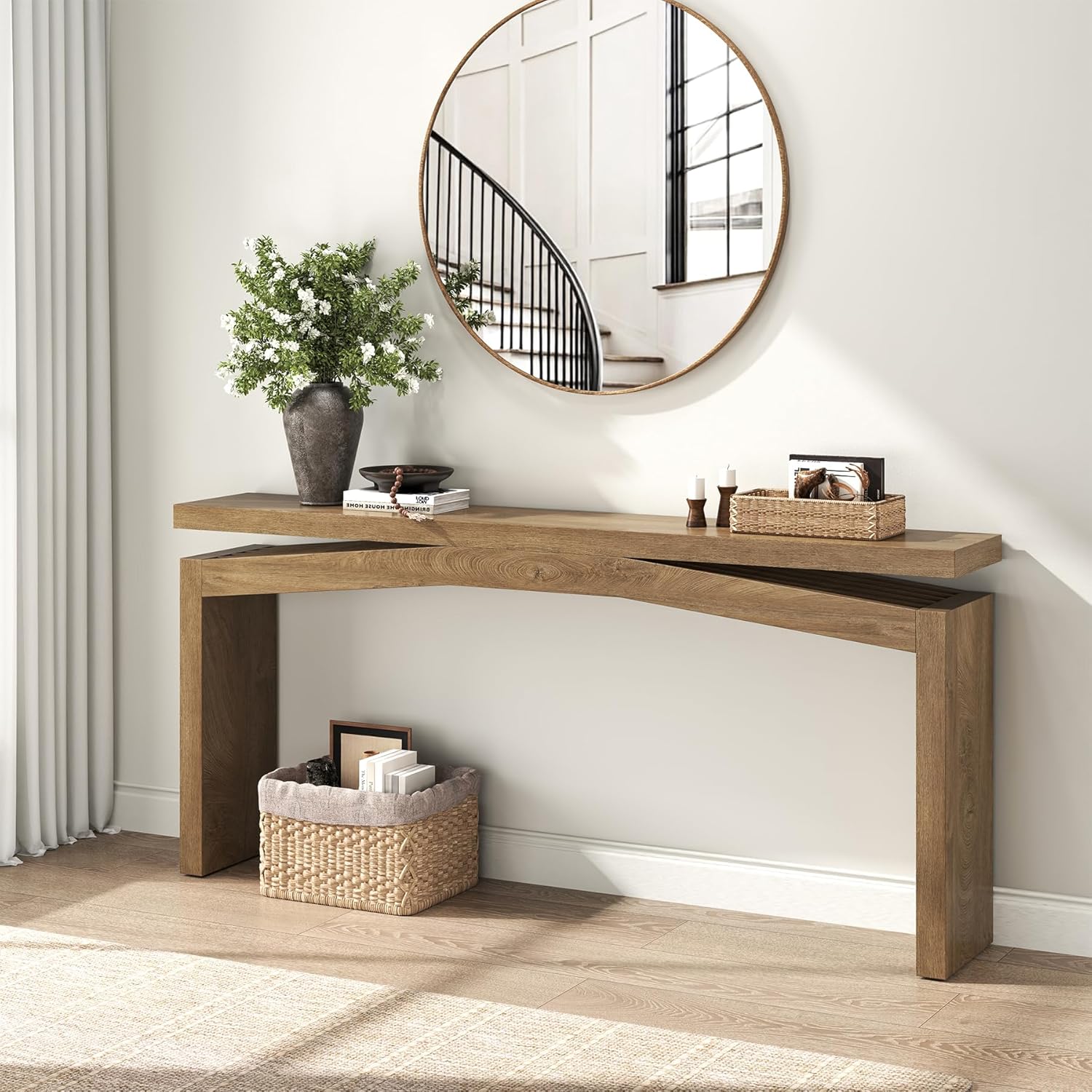 Console Table for Entryway Living Room, 63-Inch Wooden Rectangular Sofa Tables Narrow Long Behind Couch, Large Farmhouse Foyer Entrance Table for Home, Hallway, Apartment, Natural Brown