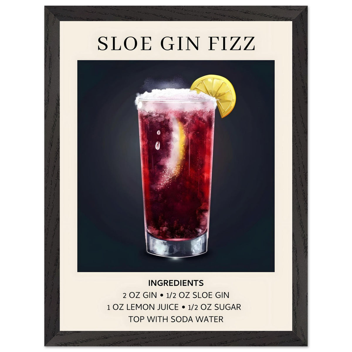 Artfulprints Poster met Lijst Sloe Gin Fizz cocktail - Ingrediënten  - 30x40 cm - Zwart