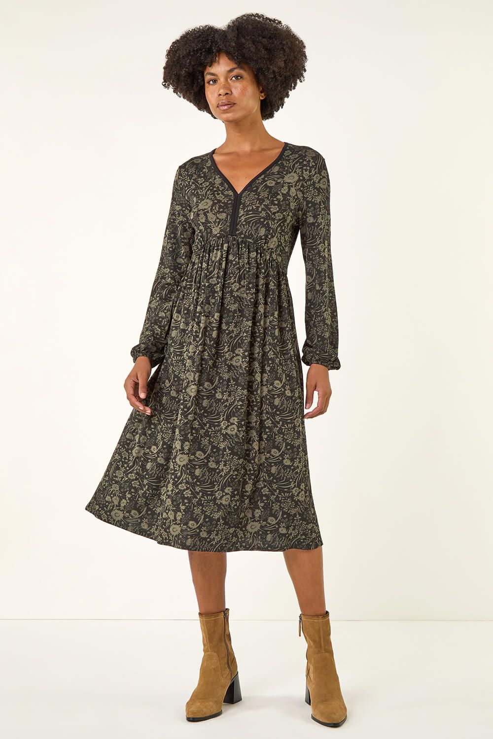 Roman Floral Print V-Neck Stretch Midi Dress