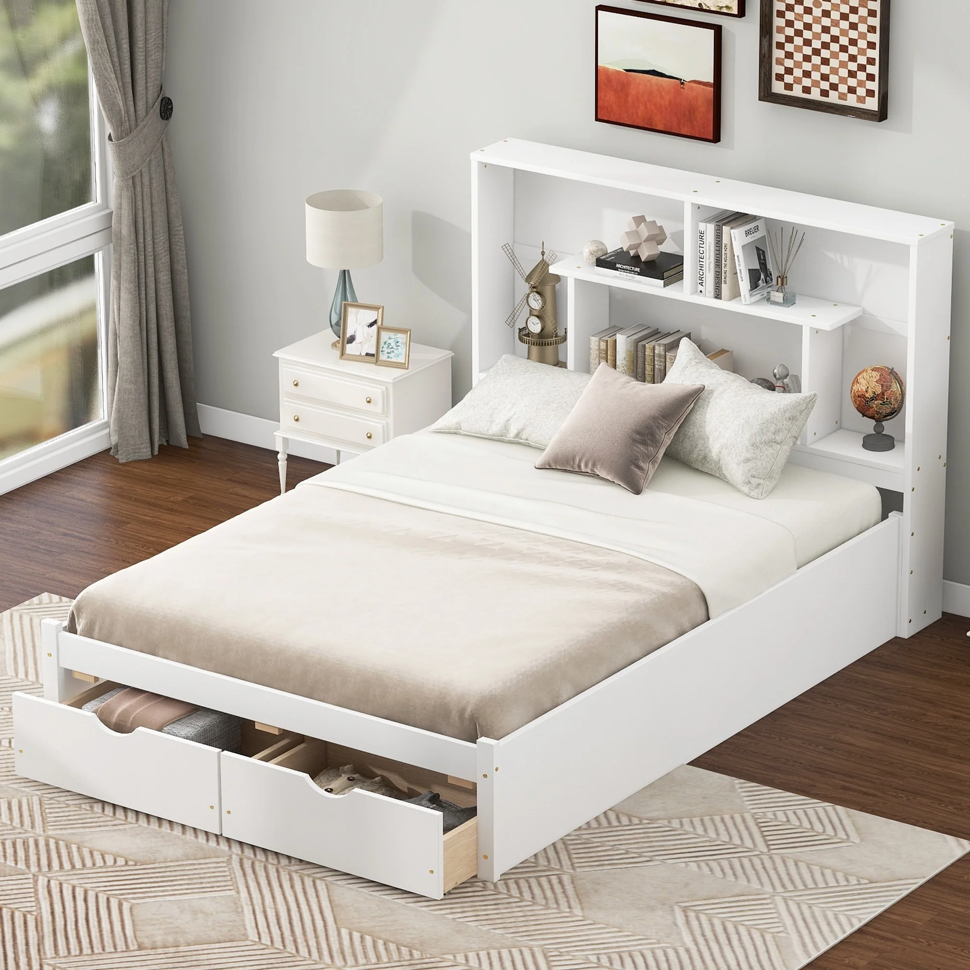 Full Size Platform Bed with Storage Headboard and Drawers - White Finish